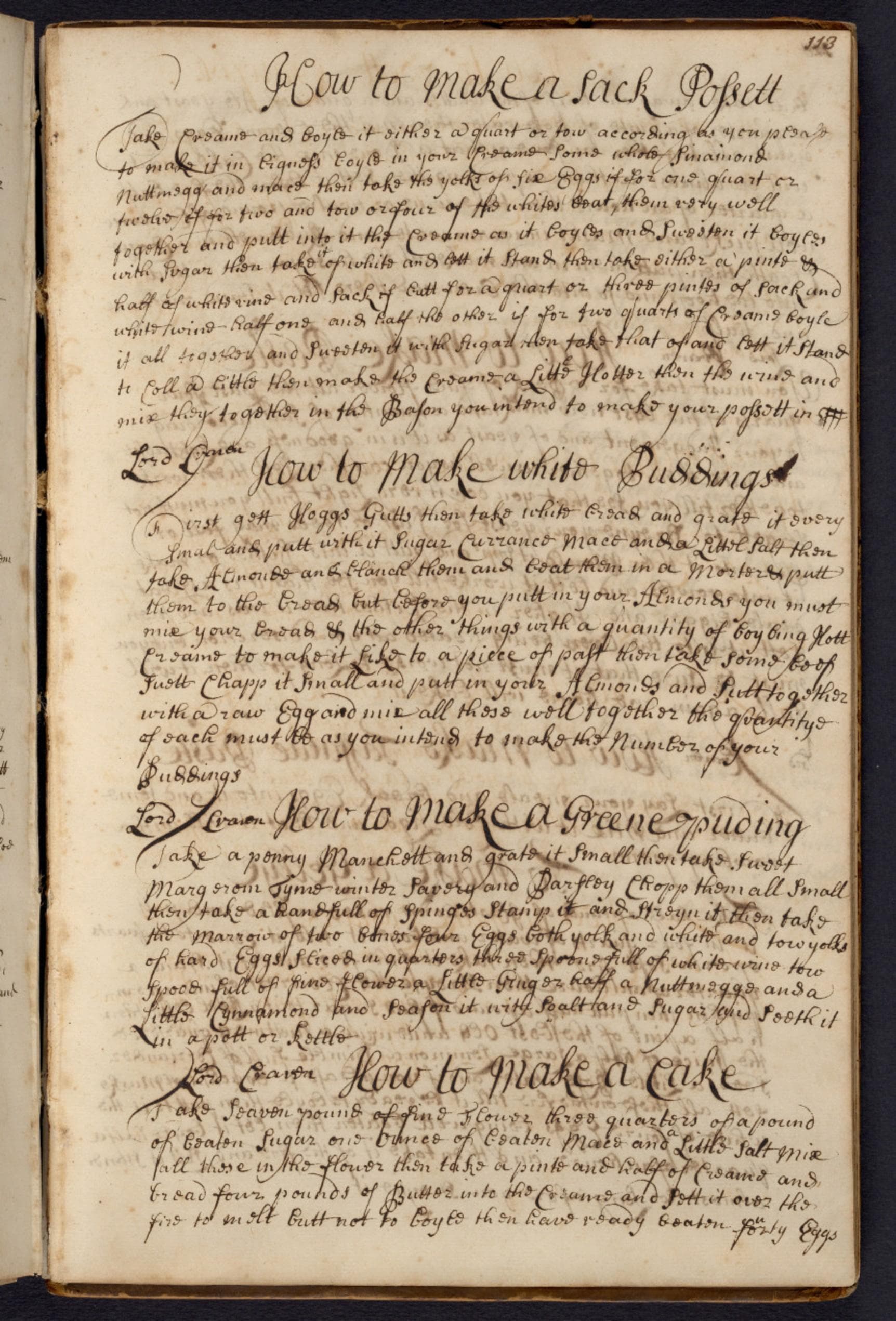 Manuscript receipt book from Lady Craven (1702-1704), featuring recipes for cakes, puddings, savory dishes, and dairy products. Recipes are frequently attributed to her social connections including Lady Bridgman, Lady Anderson, and others from English aristocracy.