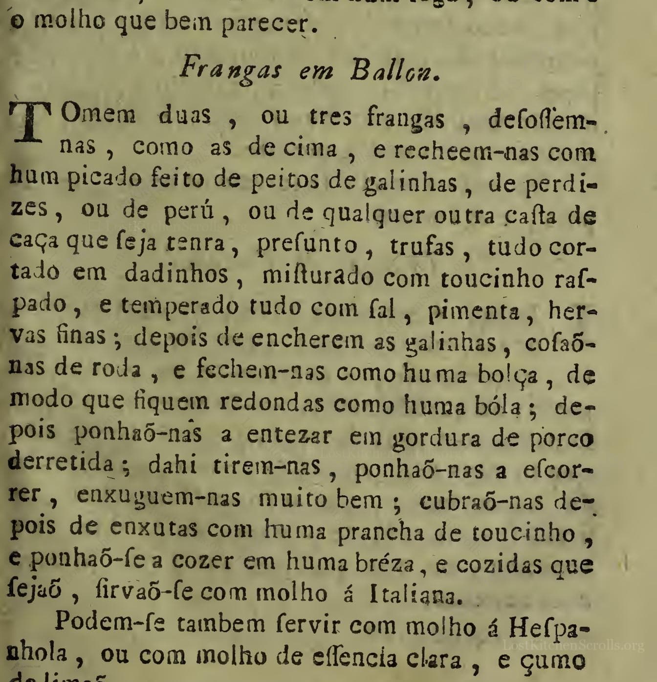 Historical recipe for Frangas Em Ballon
