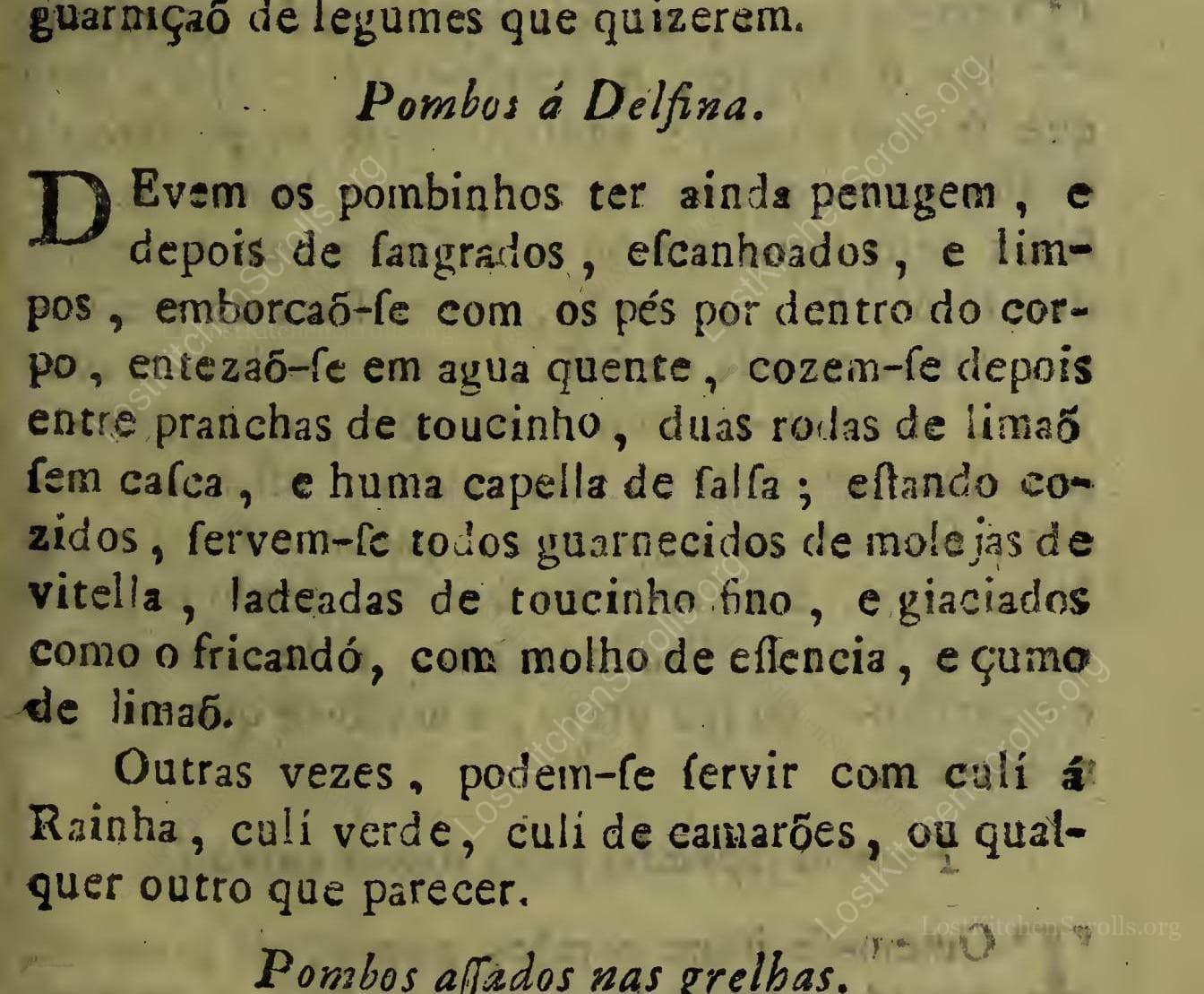 Historical recipe for Pombos Á Delfina