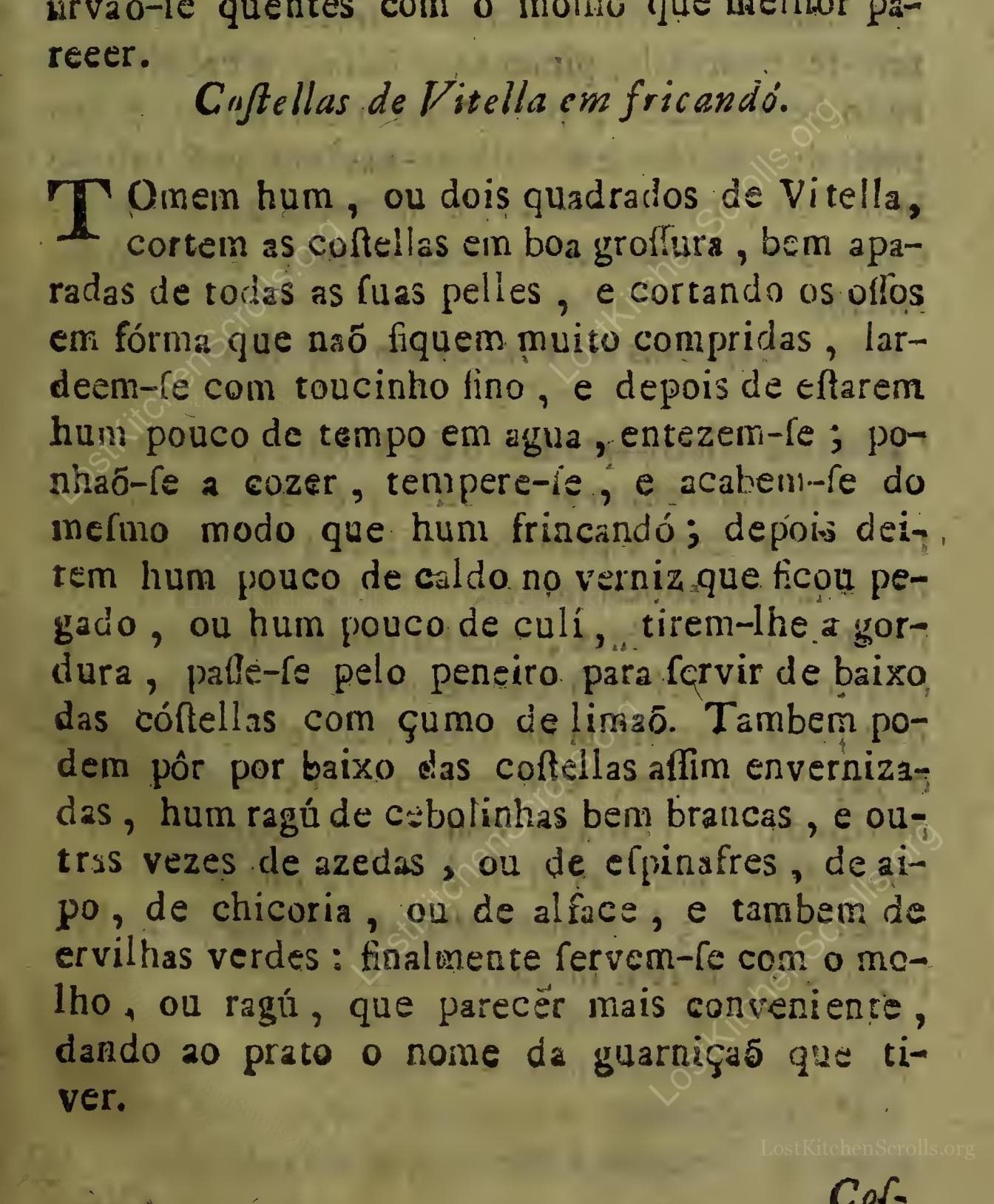 Historical recipe for Coftellas De Vitella Em Fricandó