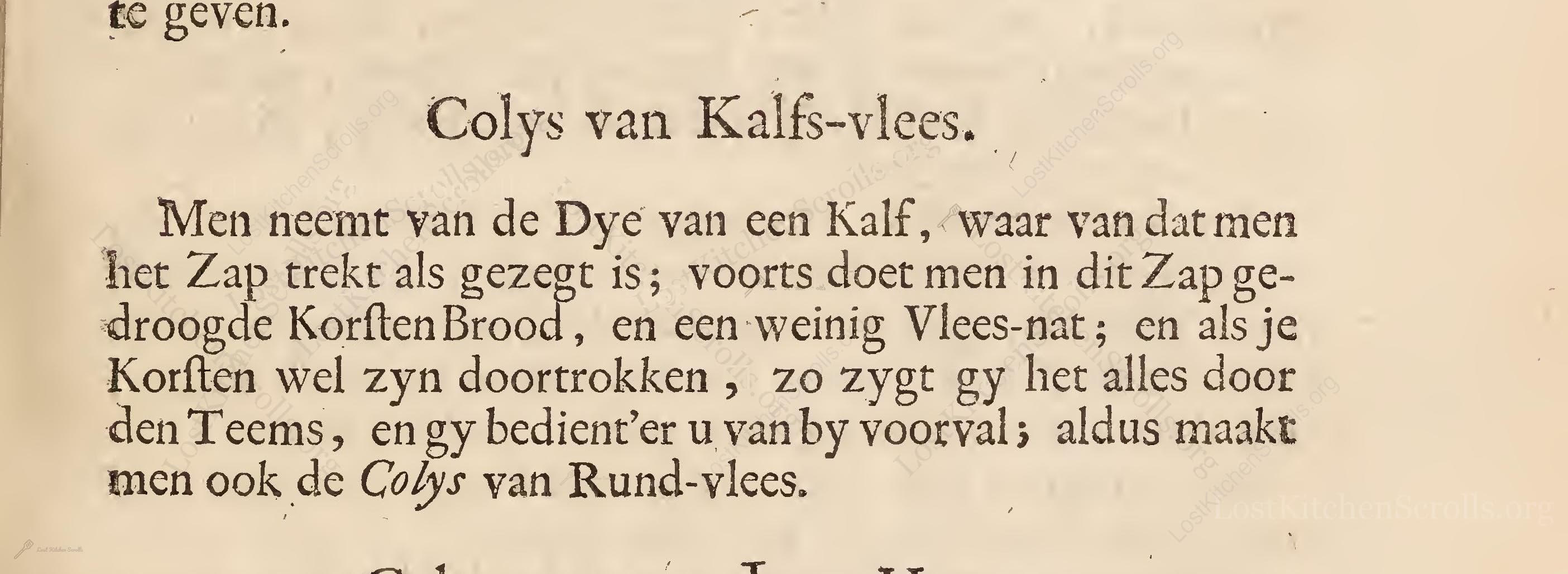 Historical recipe for Colys Van Kalfs-Vlees