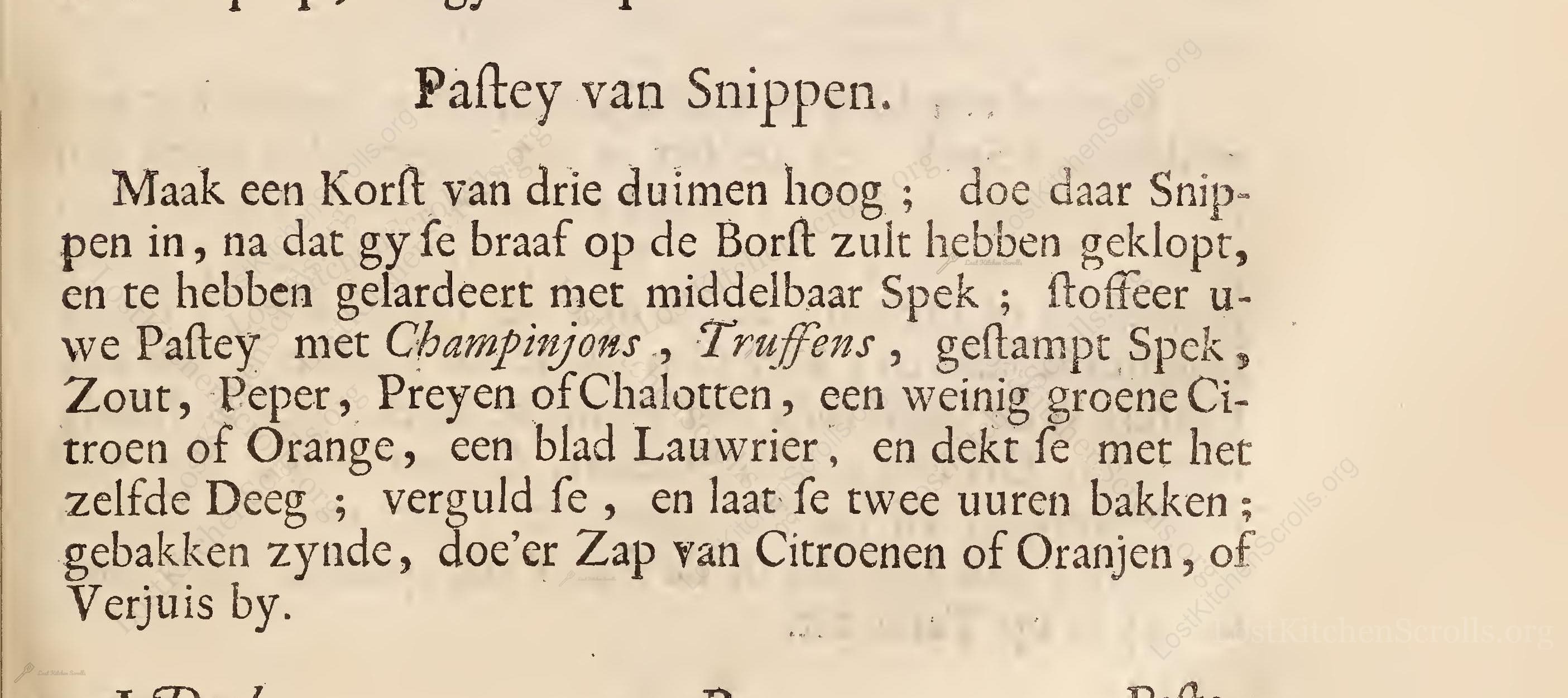 Historical recipe for Paftey Van Snippen
