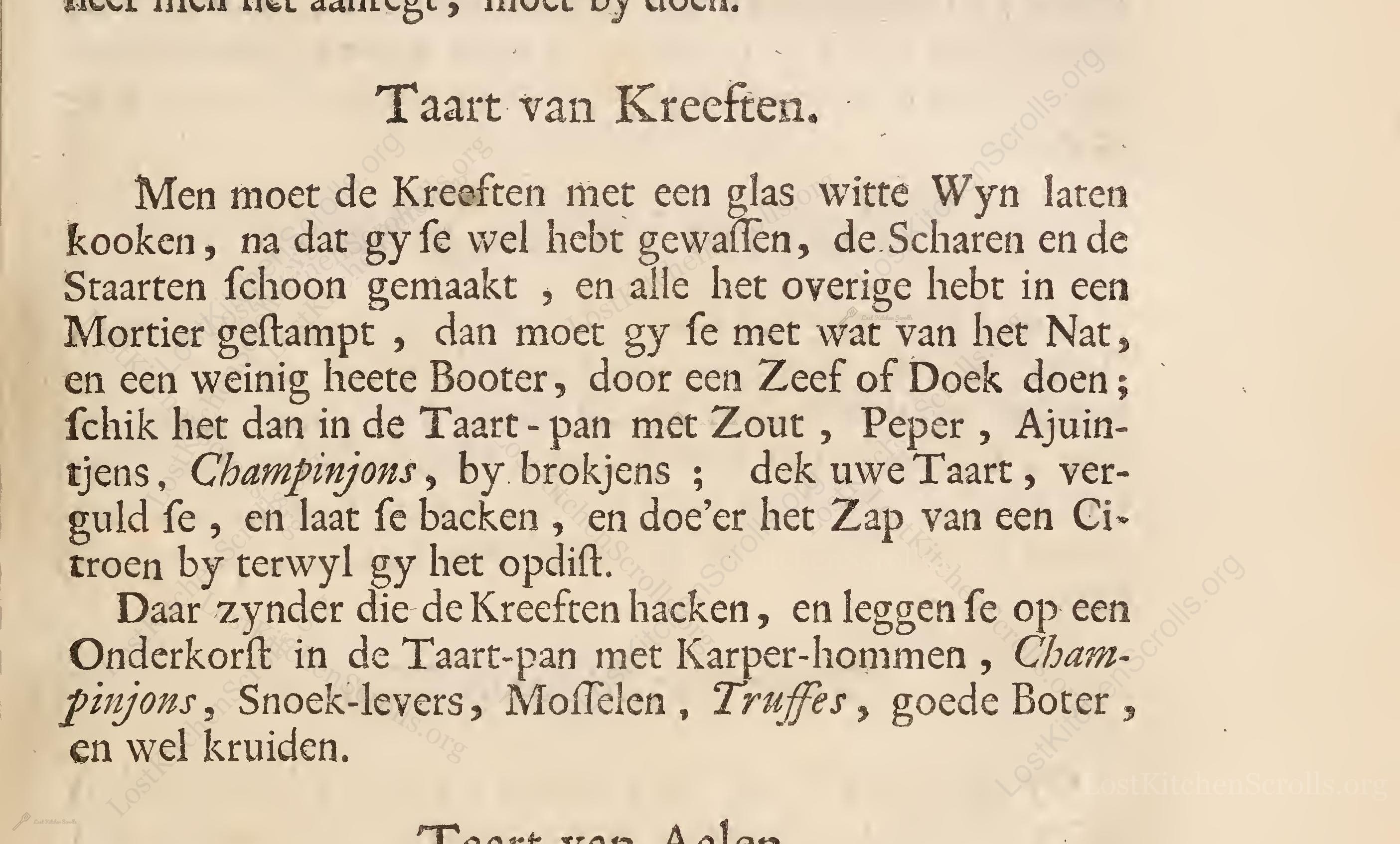 Historical recipe for Taart Van Kreeften