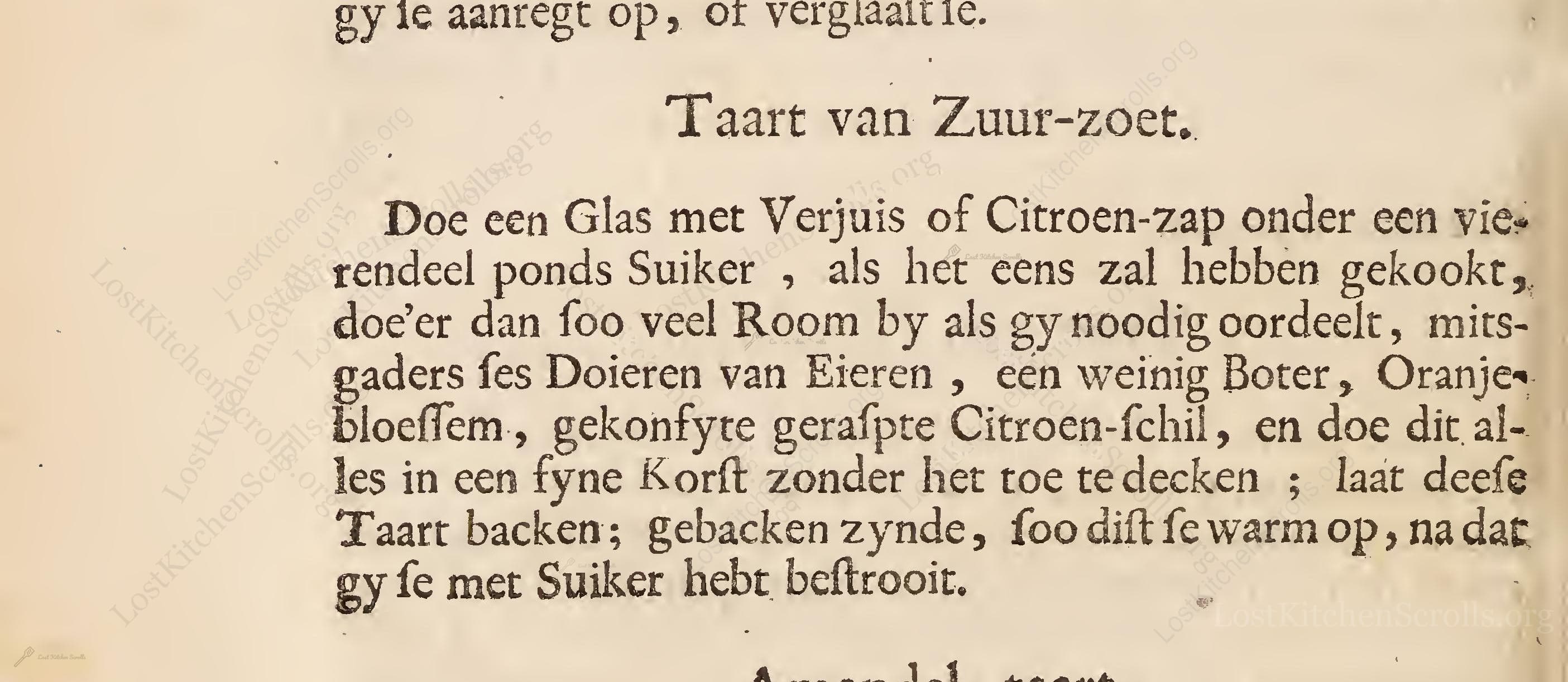 Historical recipe for Taart Van Zuur-Zoet
