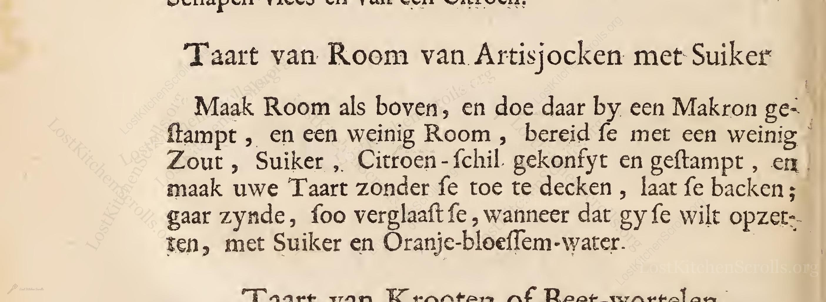 Historical recipe for Taart Van Room Van Artisjocken Met Suiker