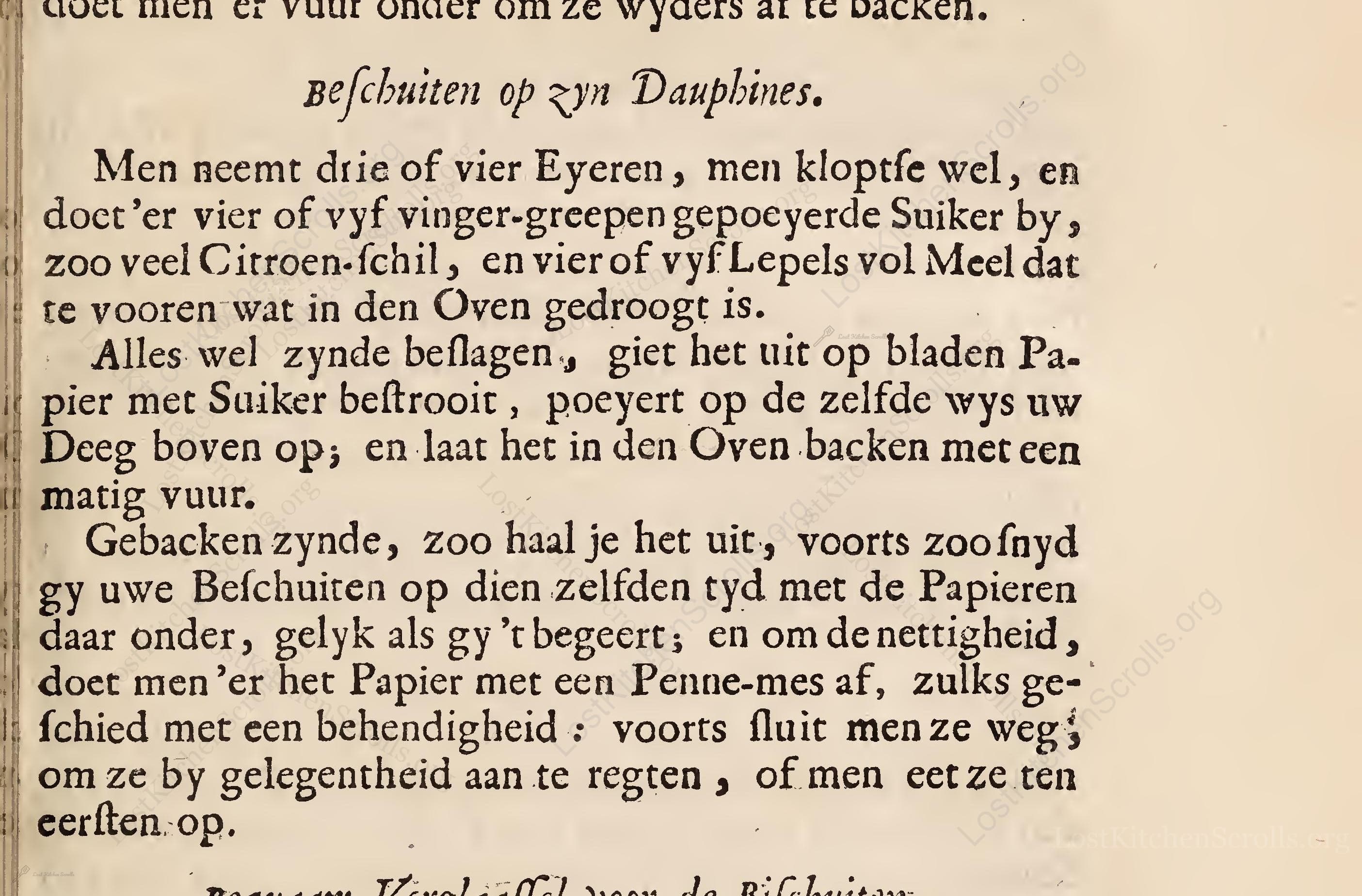 Historical recipe for Beschuiten Op Zyn Dauphines