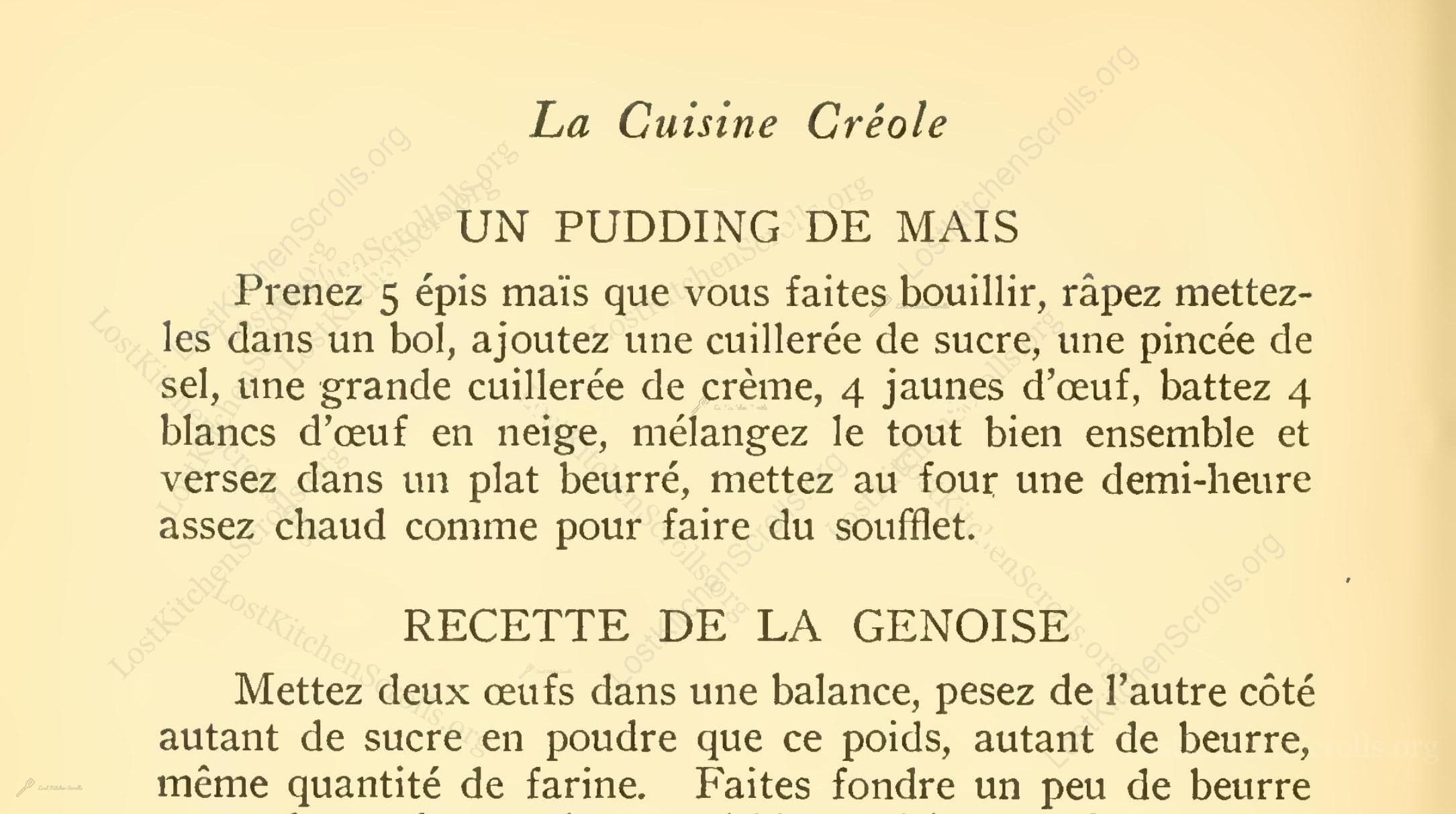 Historical recipe for Un Pudding De Mais