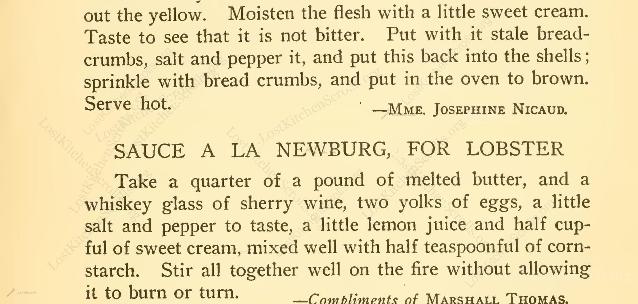 Historical recipe for Sauce A La Newburg, For Lobster