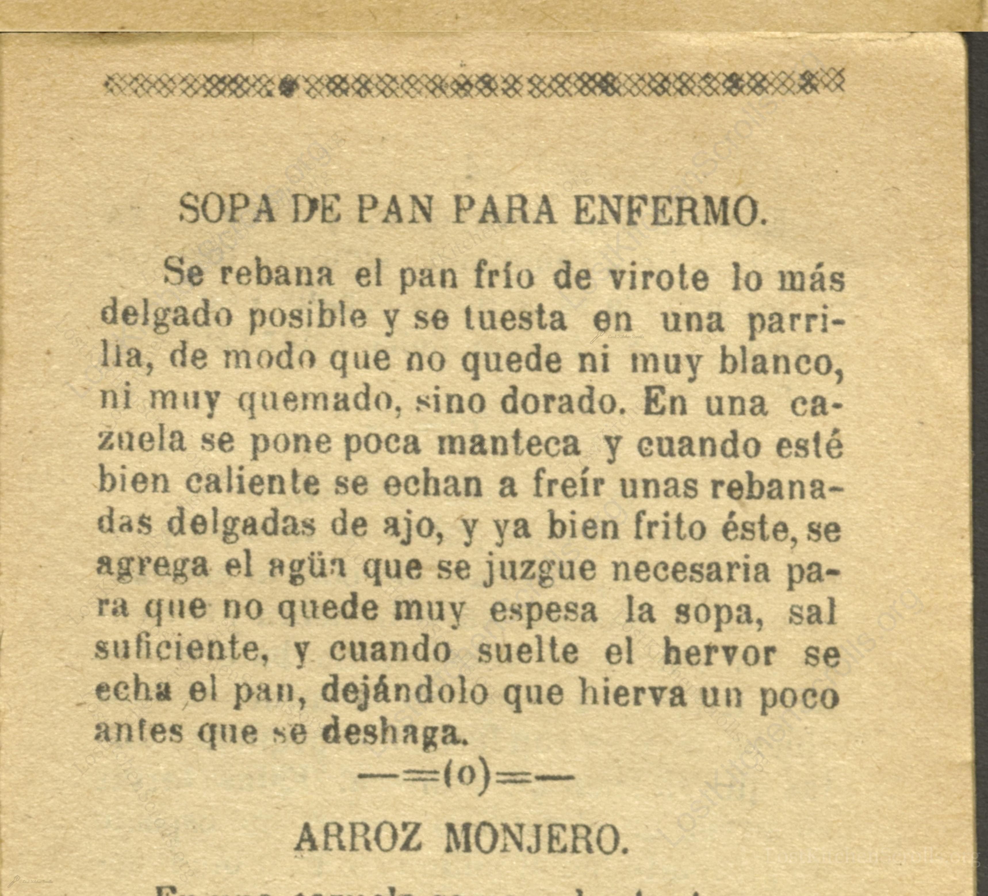 Historical recipe for Sopa De Pan Para Enfermo