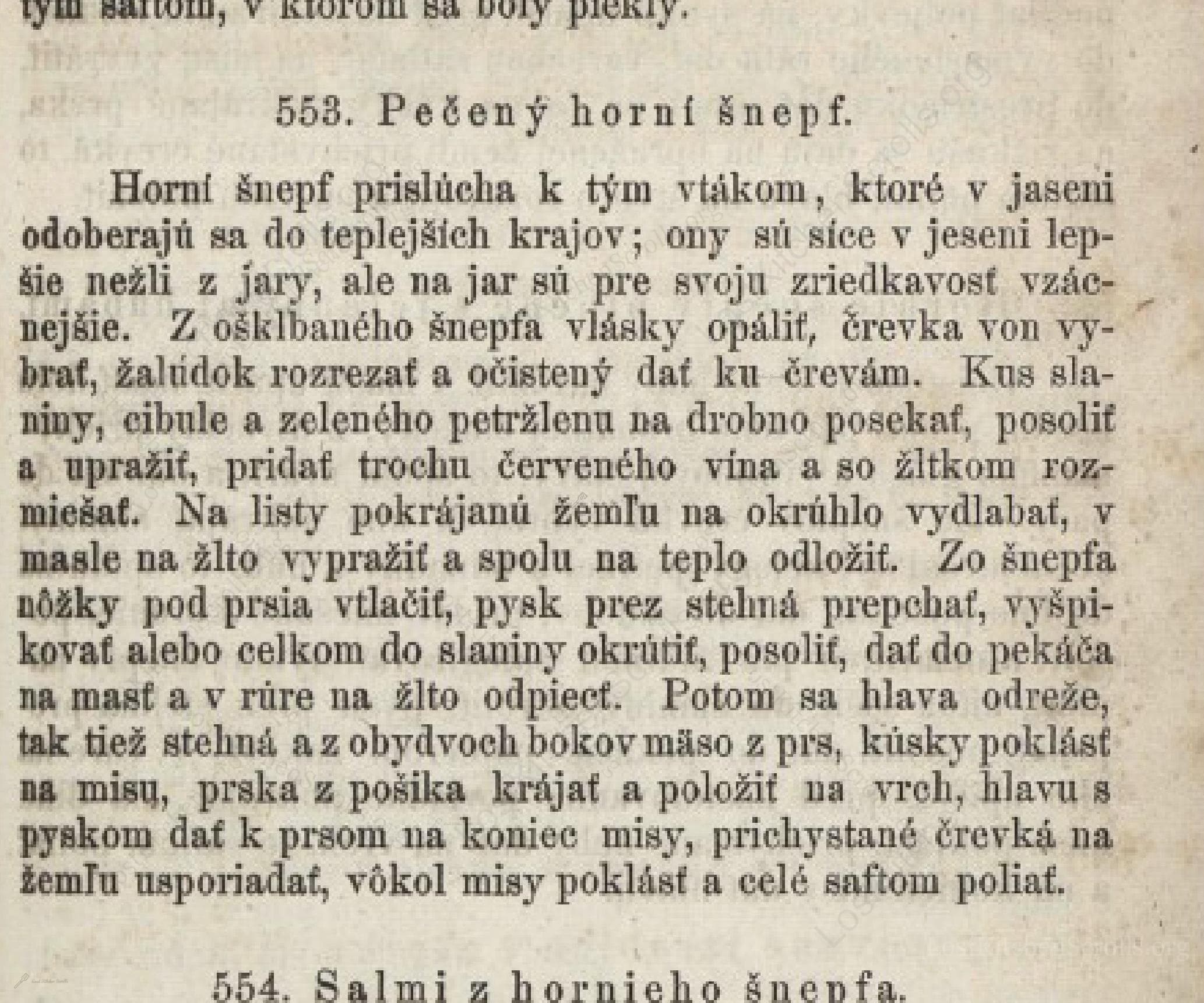 Historical recipe for Pečený Horní Šnepf