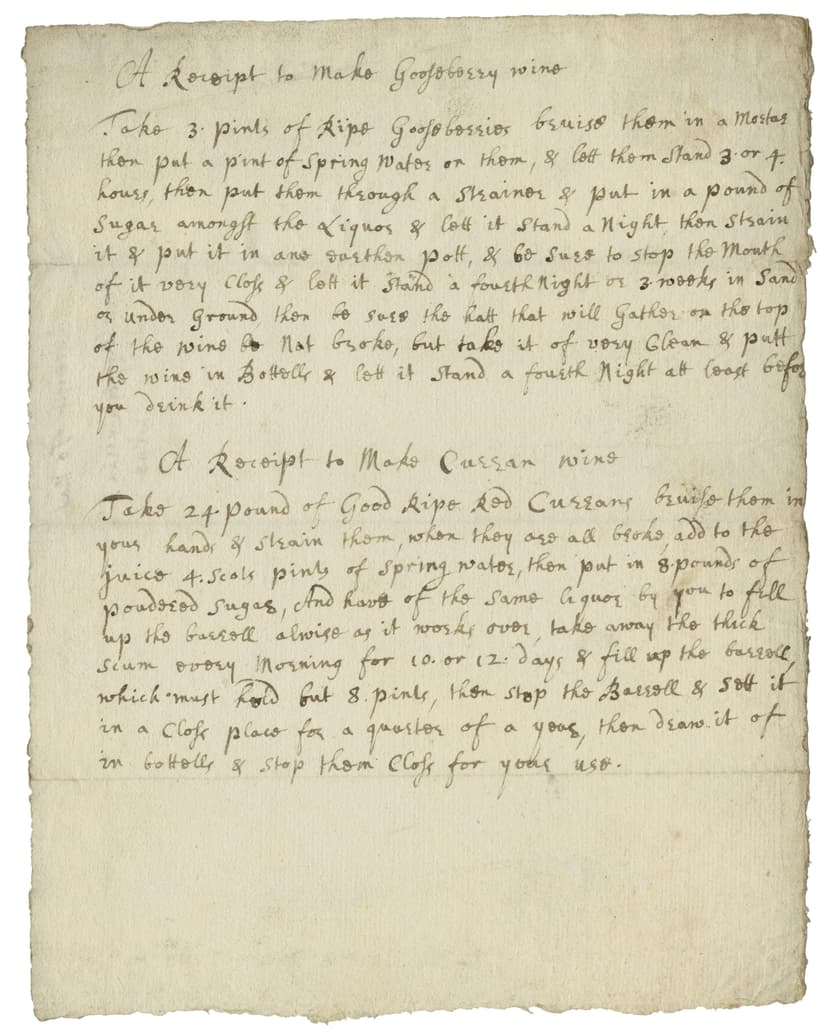 Receipt for making gooseberry and currant wine - Click to view recipe in book