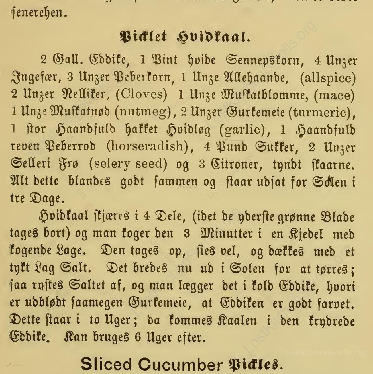 Historical recipe for Picklet Hvidkaal