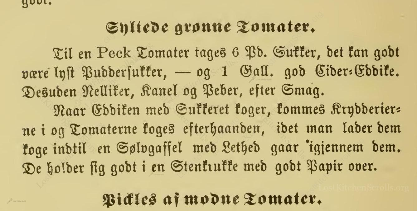 Historical recipe for Syltede Grønne Tomater
