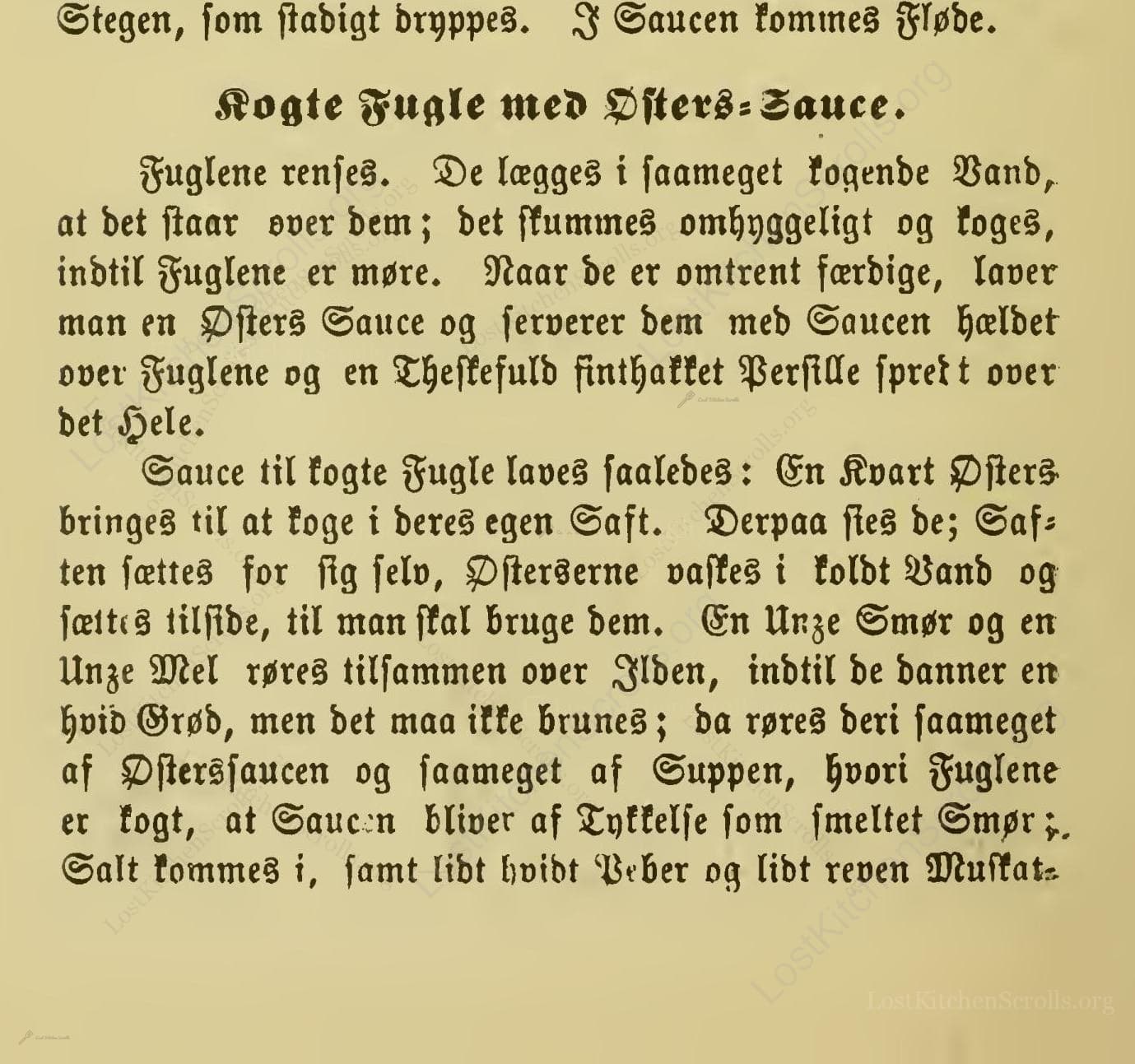 Historical recipe for Kogte Fugle Med Østers-Sauce