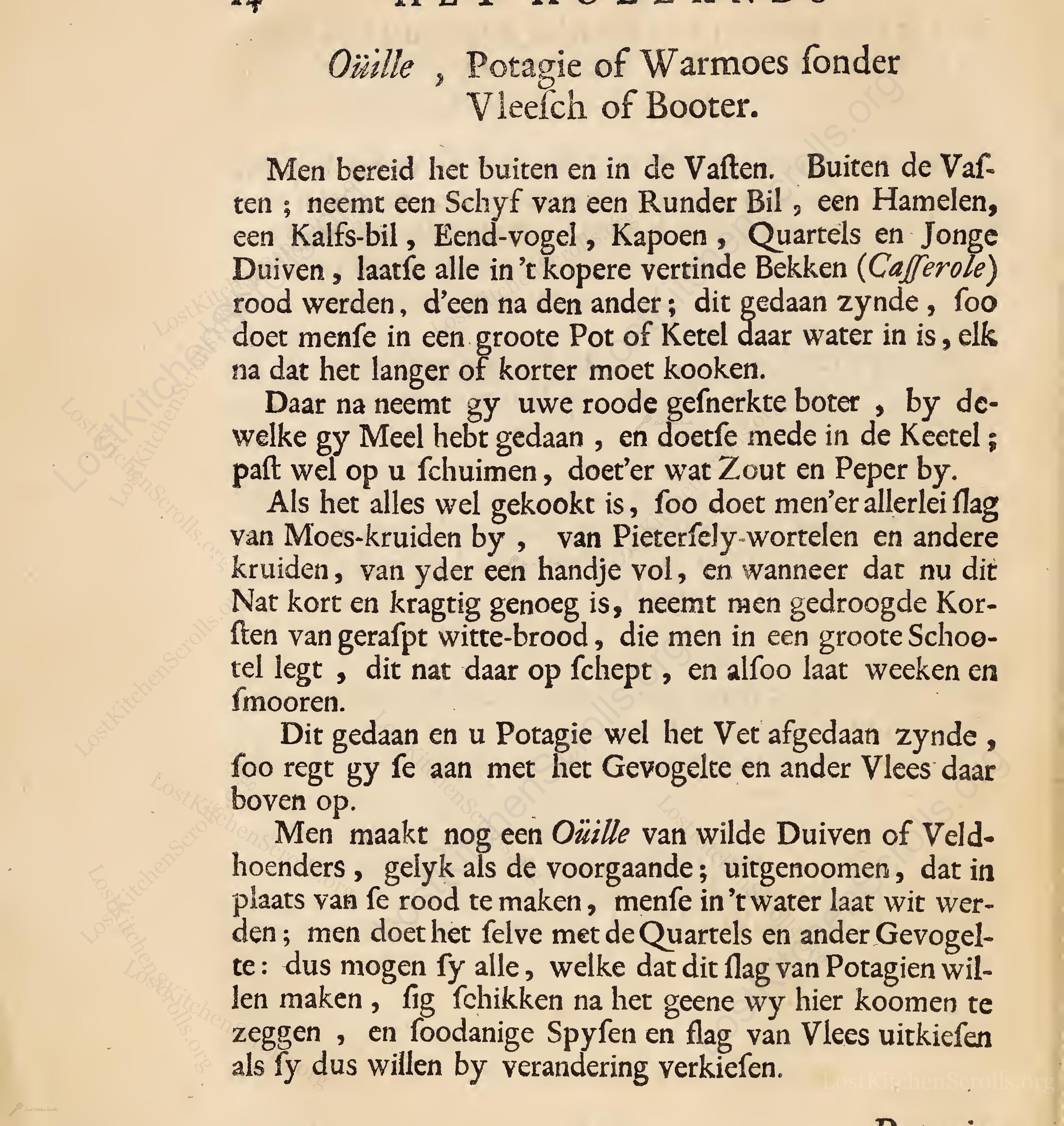 Historical recipe for Oüille, Potagie Of Warmoes Sonder Vleesch Of Booter