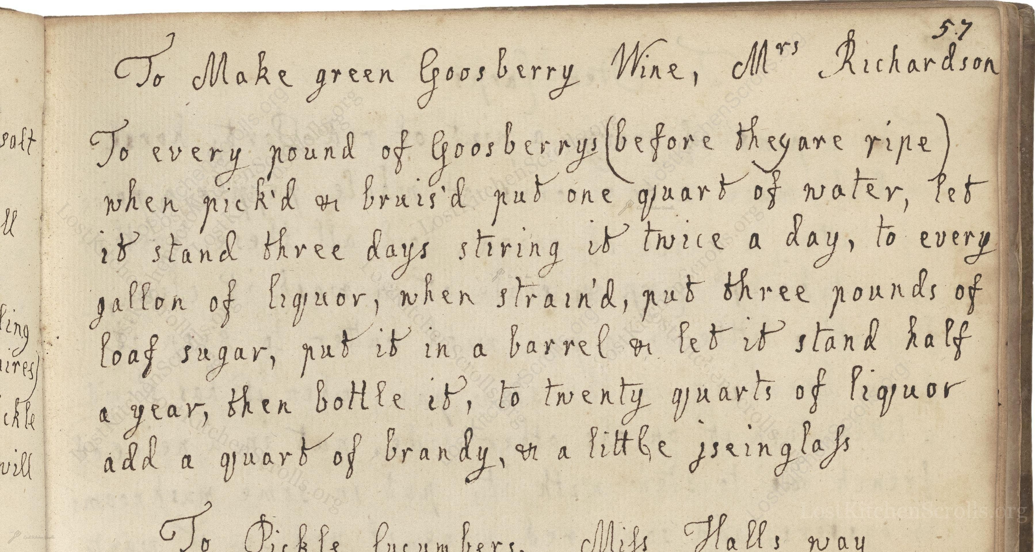 Historical recipe for To Make Green Goosberry Wine, Mrs Richardson