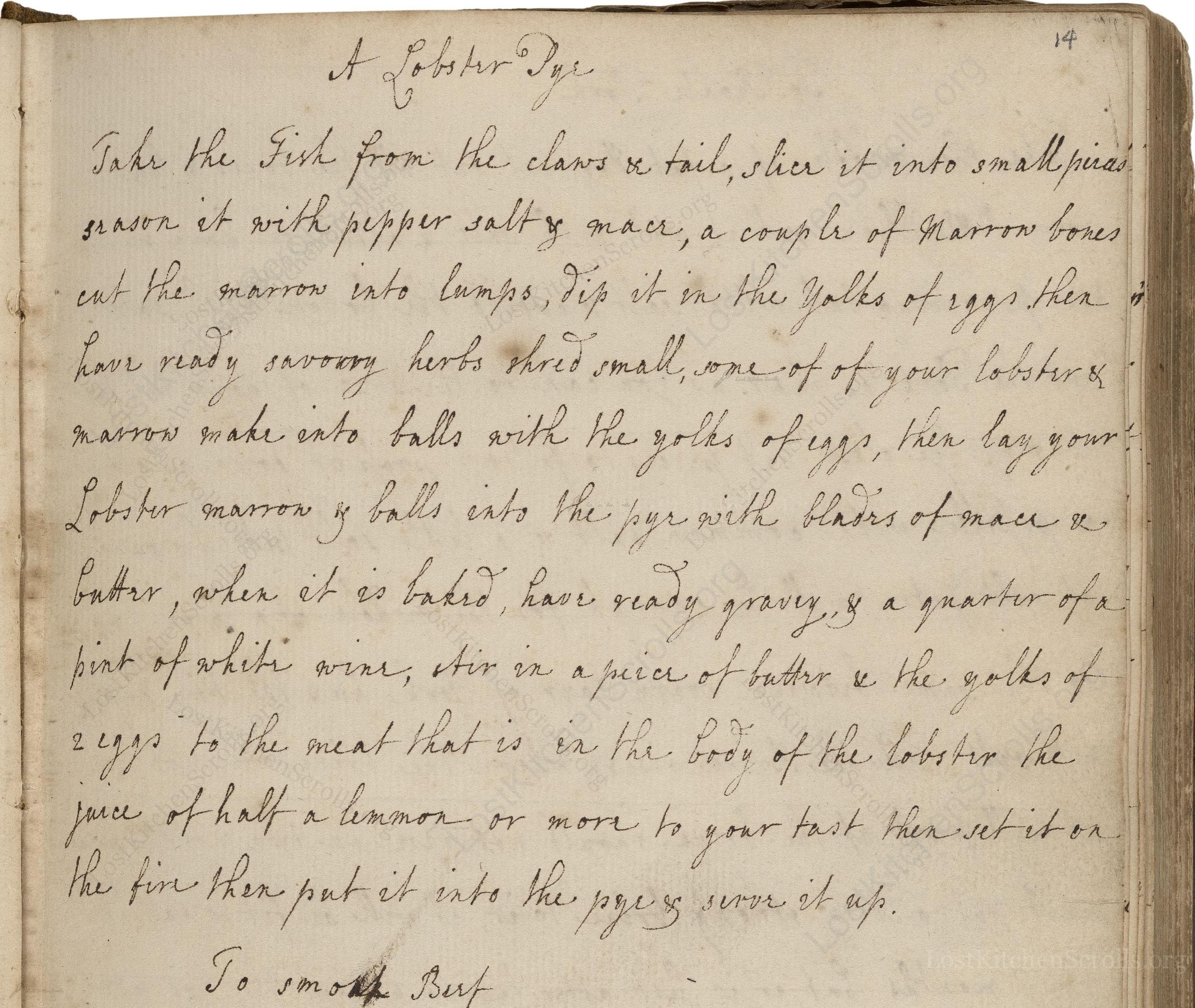 Historical recipe for A Lobster Pye