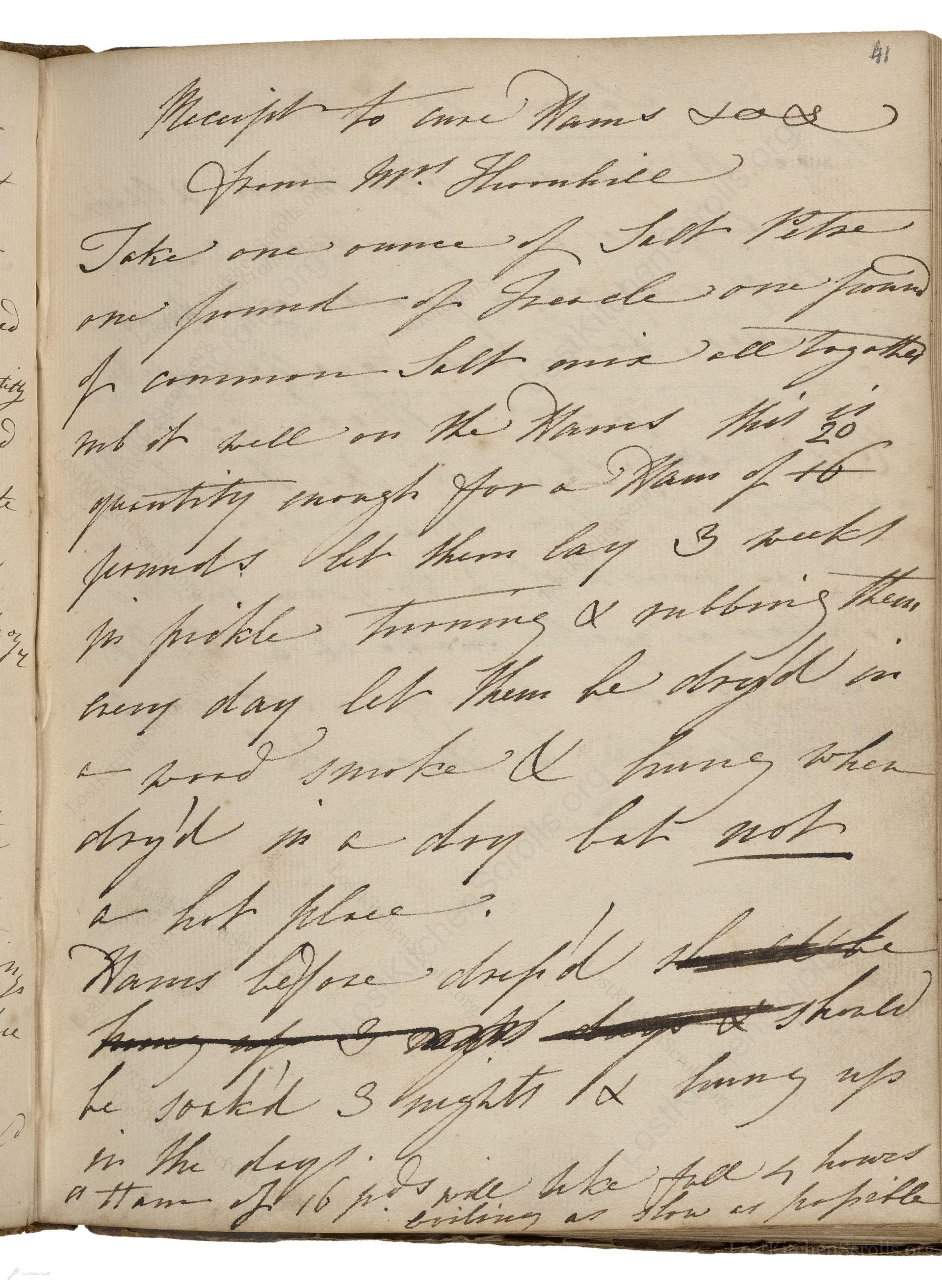 Receipte To Cure Hams Loos From Mrs Thowhile
