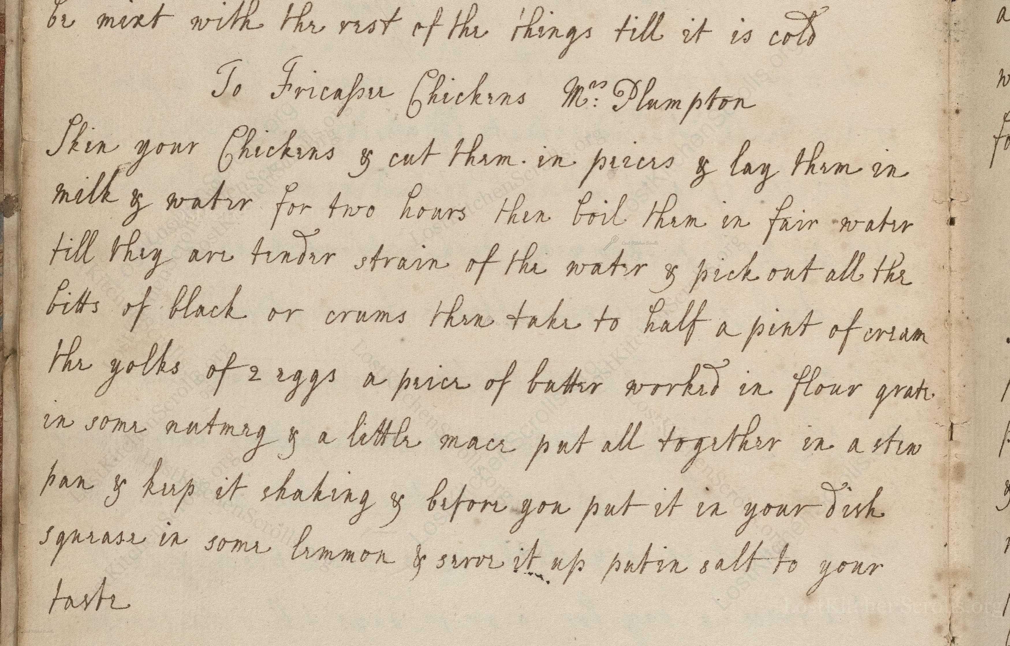 Historical recipe for To Fricasee Chickens Mr: Plumpton