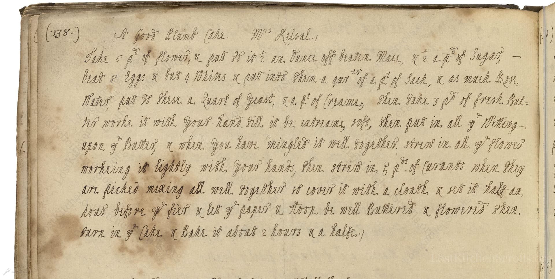 A Good Plum Cake, from Mrs Kelsal