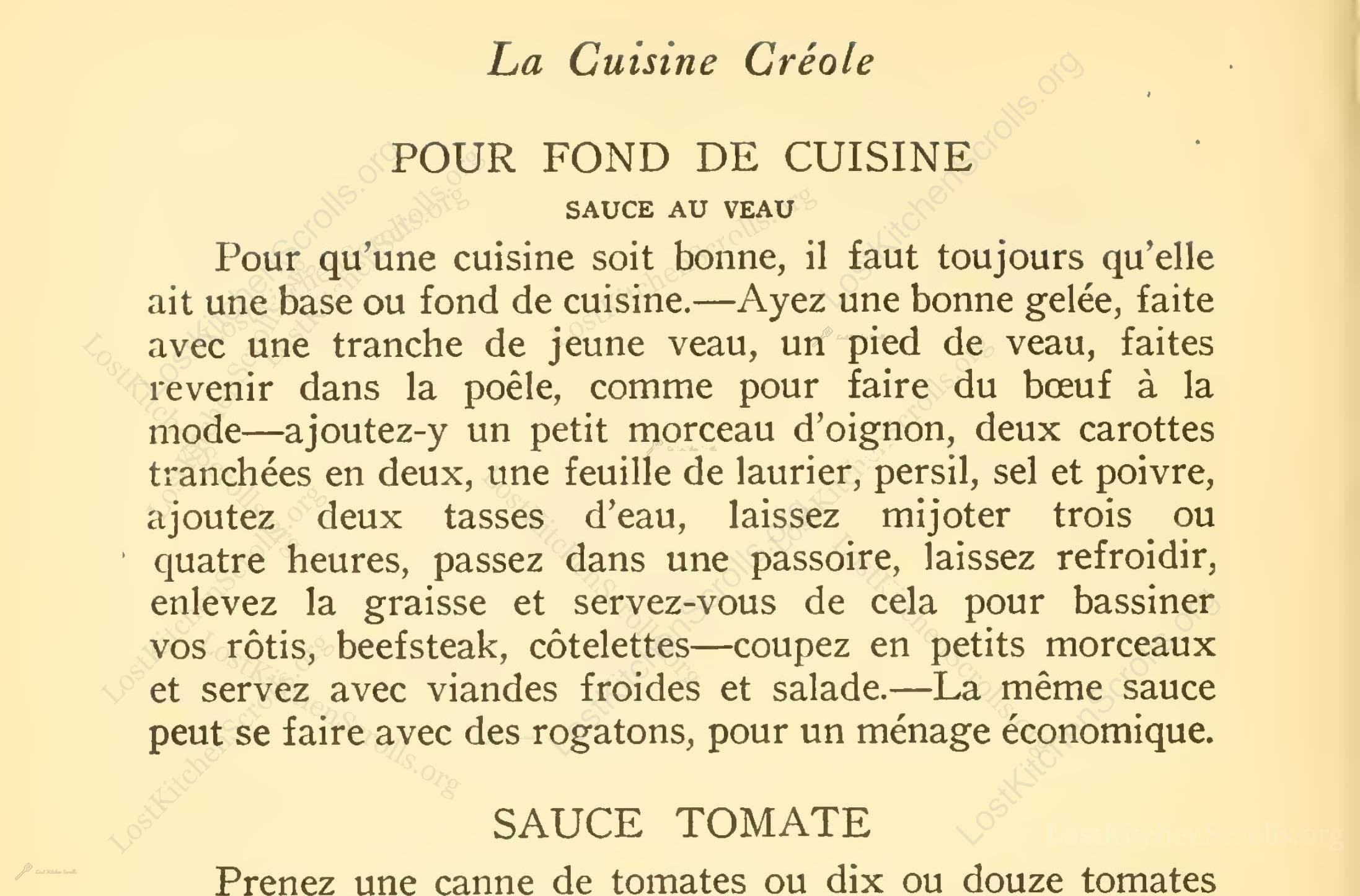 Historical recipe for Pour Fond De Cuisine Sauce Au Veau