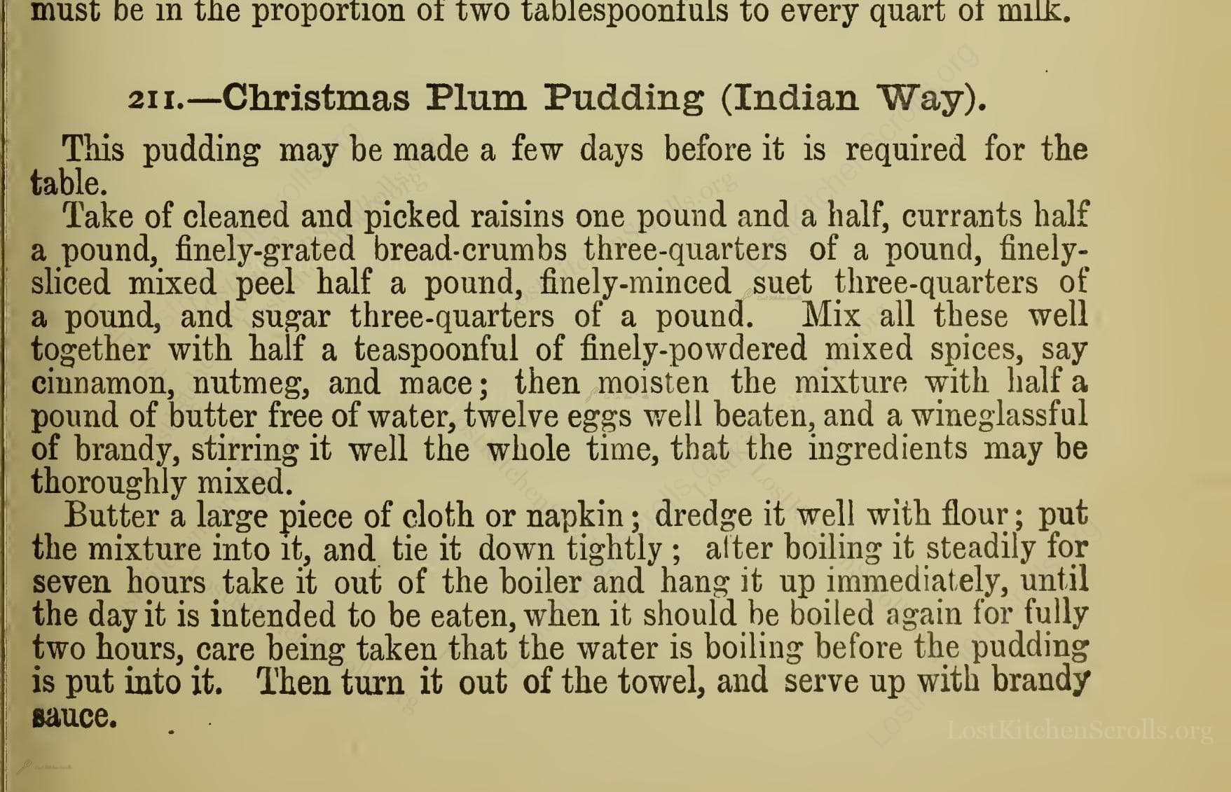 Historical recipe for Christmas Plum Pudding (Indian Way)