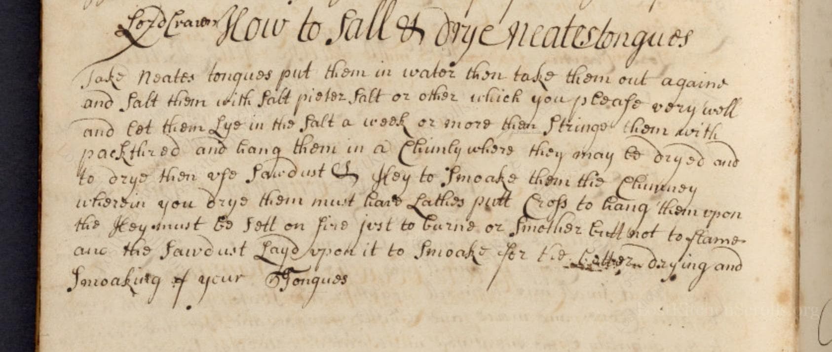 Historical recipe for Lord Craven How To Salt & Drye Neates Tongues