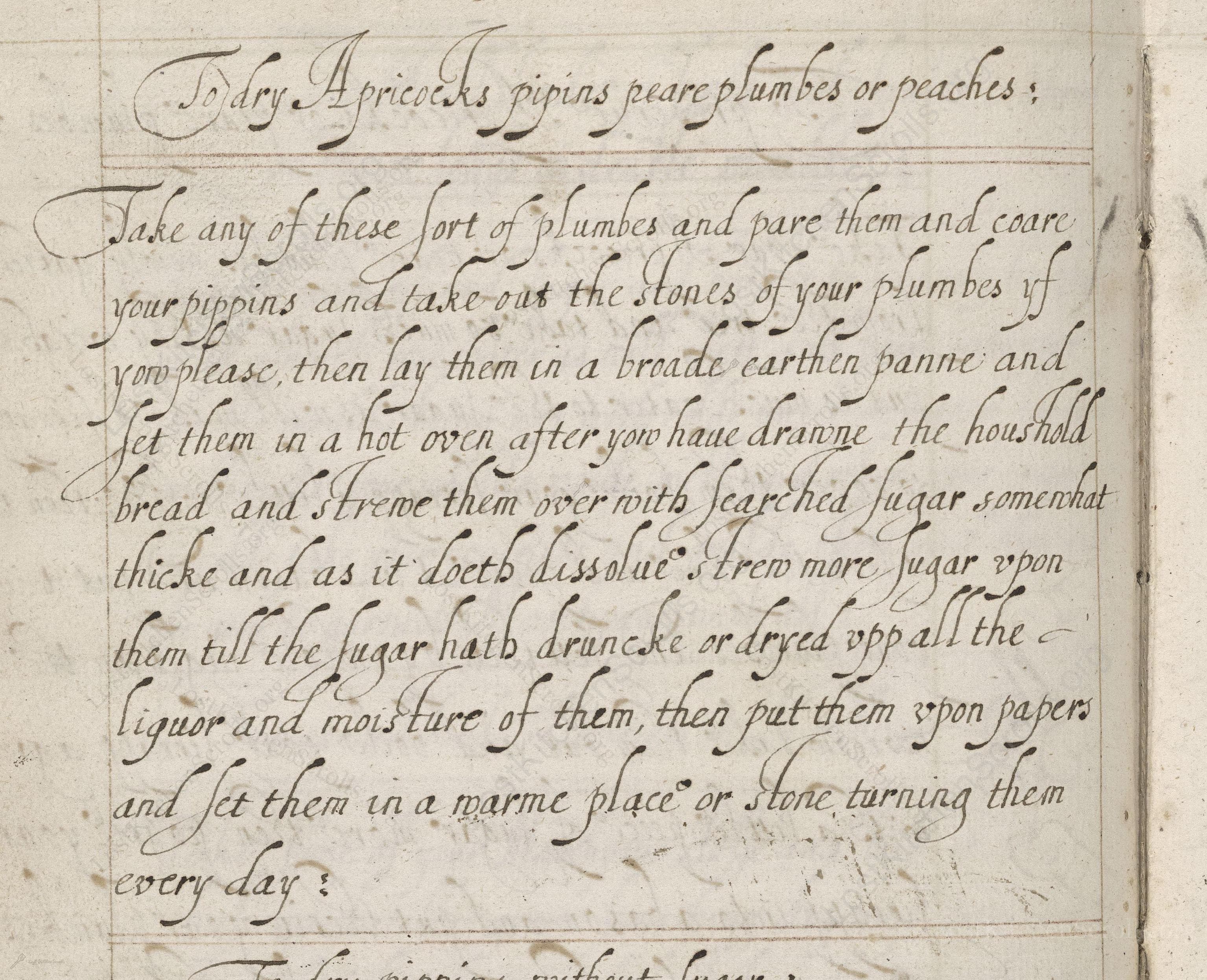 Historical recipe for To Dry Apricocks Pipins Peare Plumbes Or Peaches