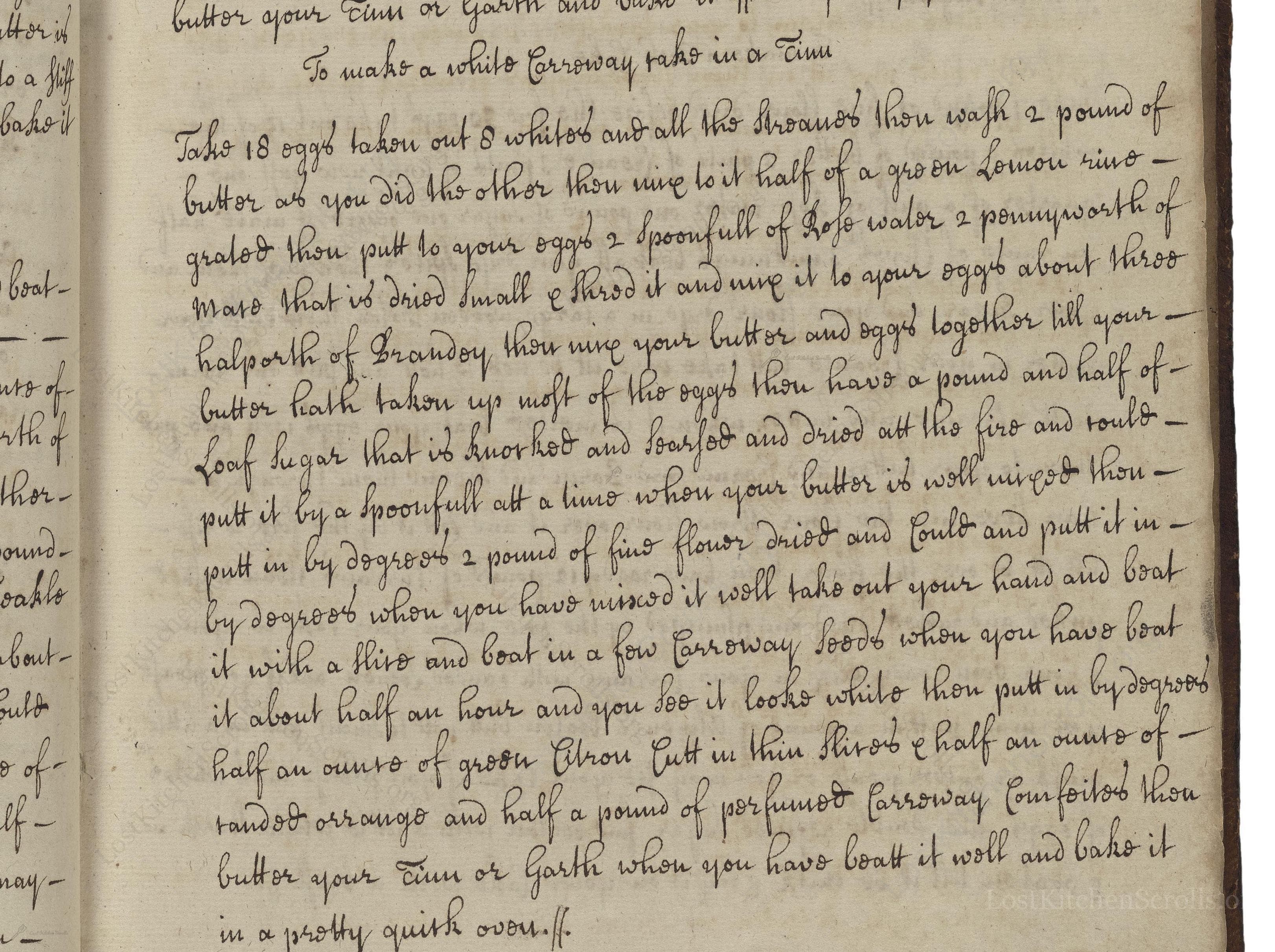 Historical recipe for To Make A White Carraway Cake In A Tinn