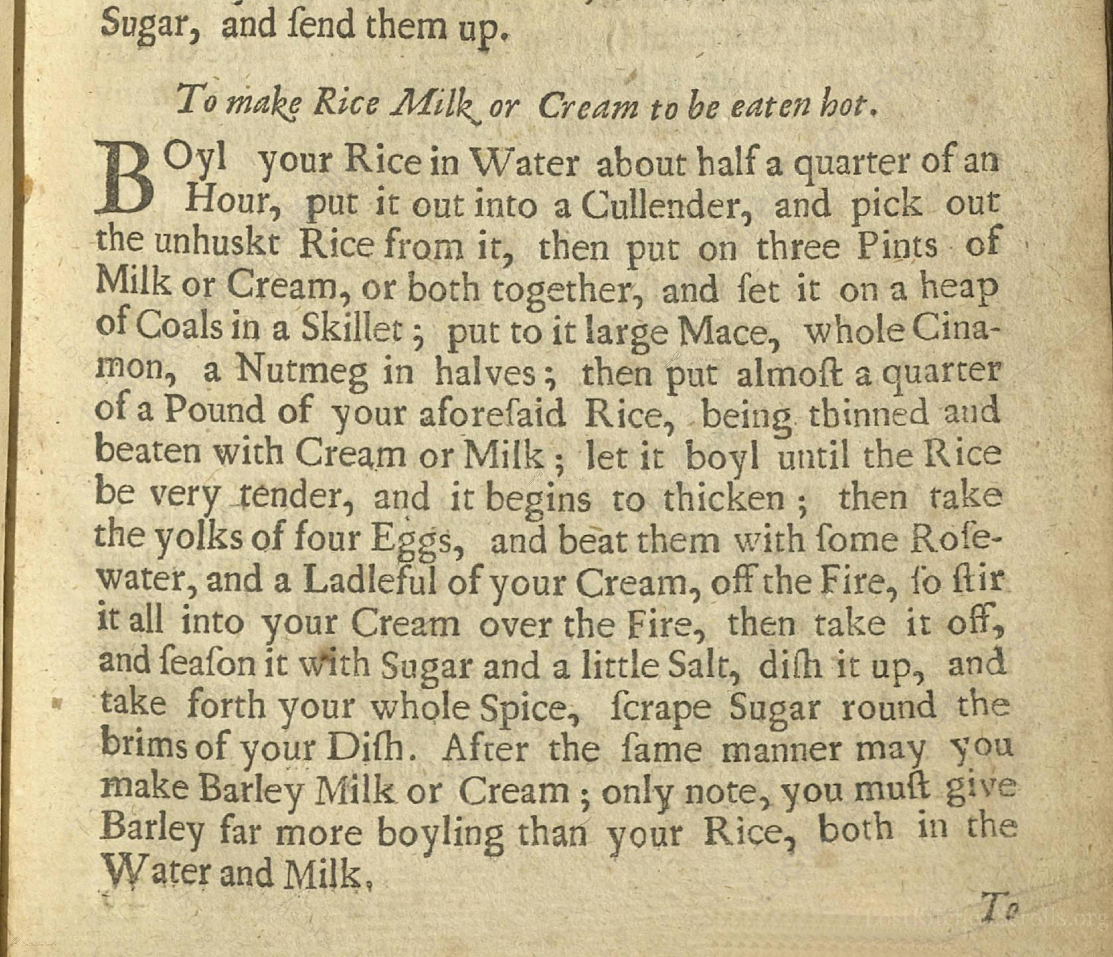 Historical recipe for To Make Rice Milk Or Cream To Be Eaten Hot