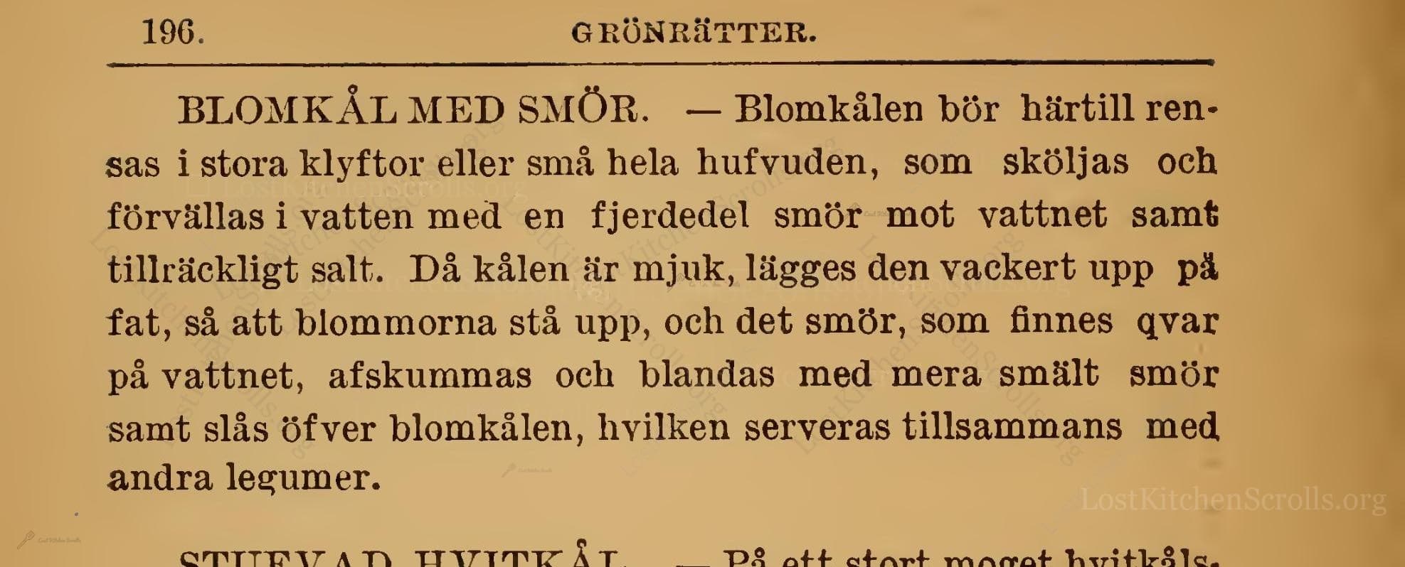 Historical recipe for Blomkål Med Smör