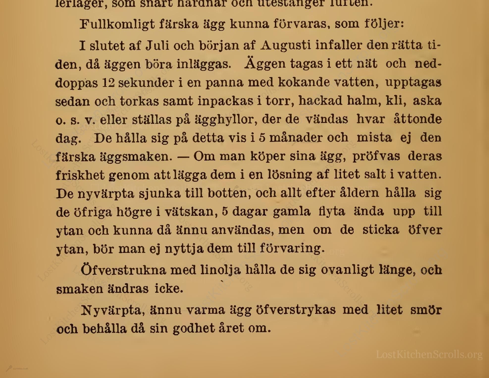 Historical recipe for Fullkomligt Färska Ägg Kunna Förvaras