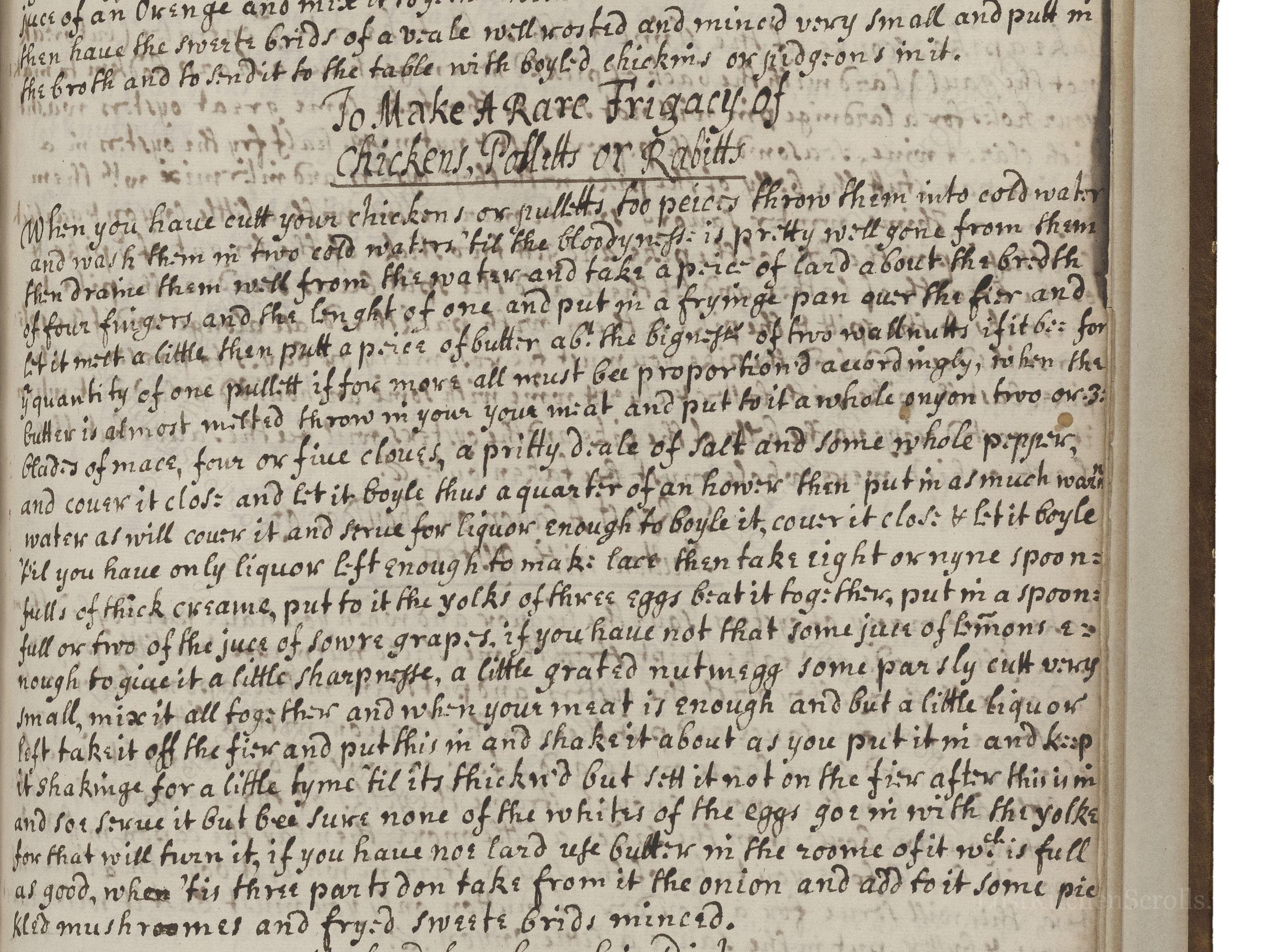 Historical recipe for To Make A Rare Frigacy Of Chickens, Pulletts Or Rabitts