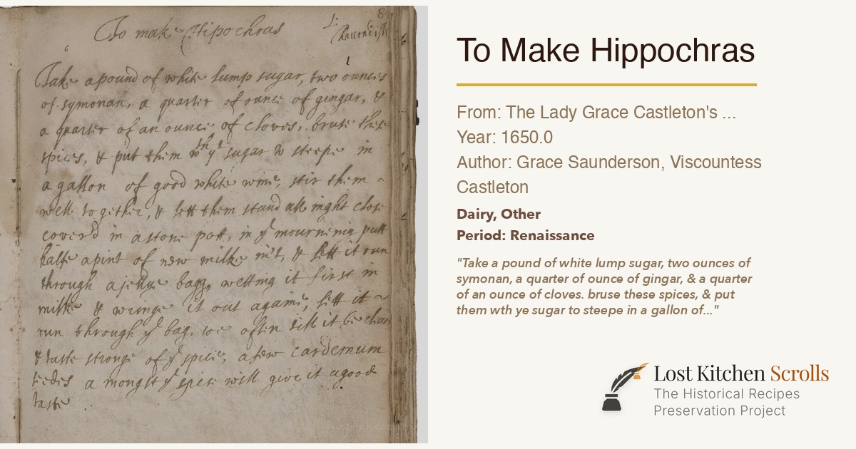 Booke Ruddick To Make Hippochras - The Lady Grace Castleton's booke of receipts (1650)